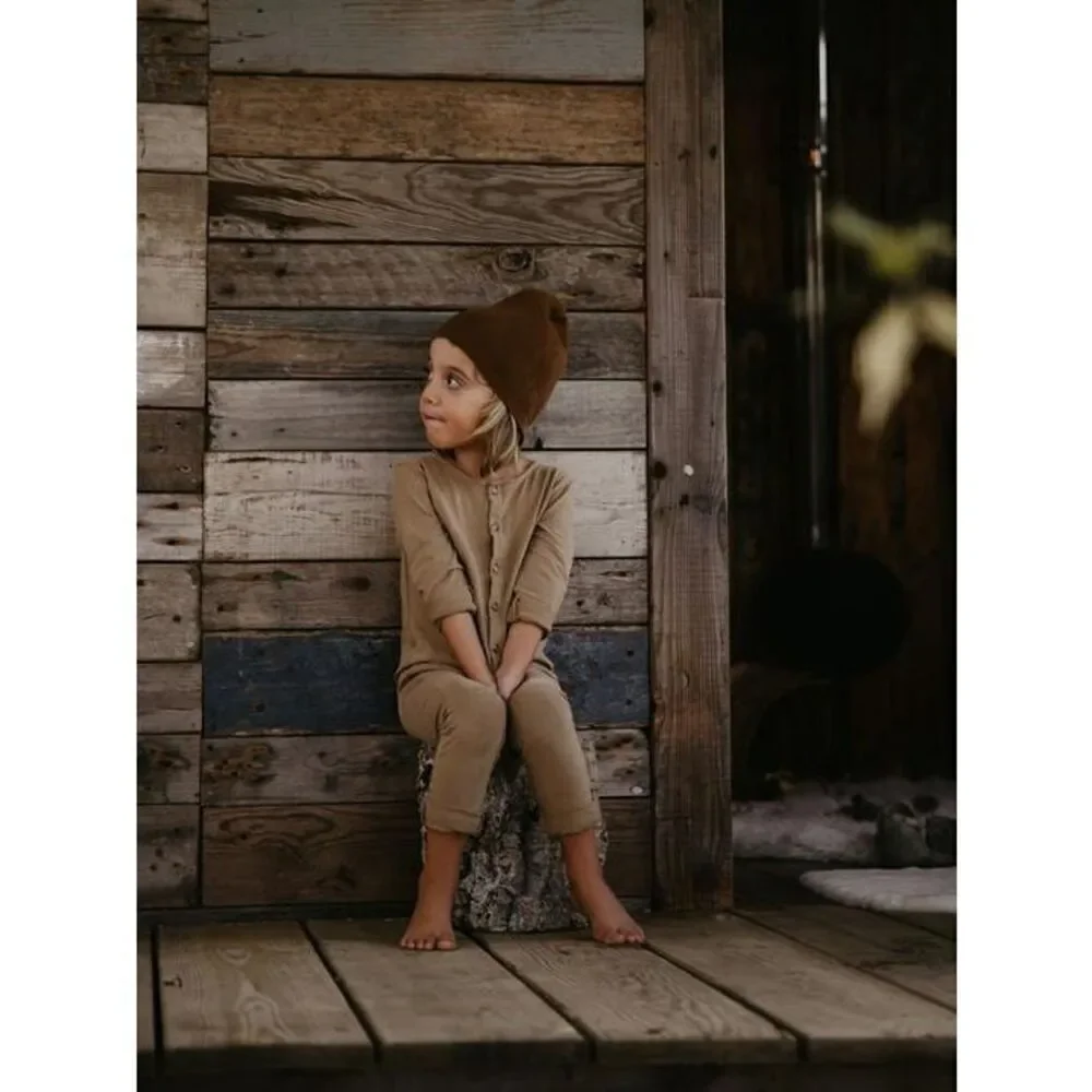 The Simple Folk Kids Gender Neutral Workman Playsuit in Camel Tan